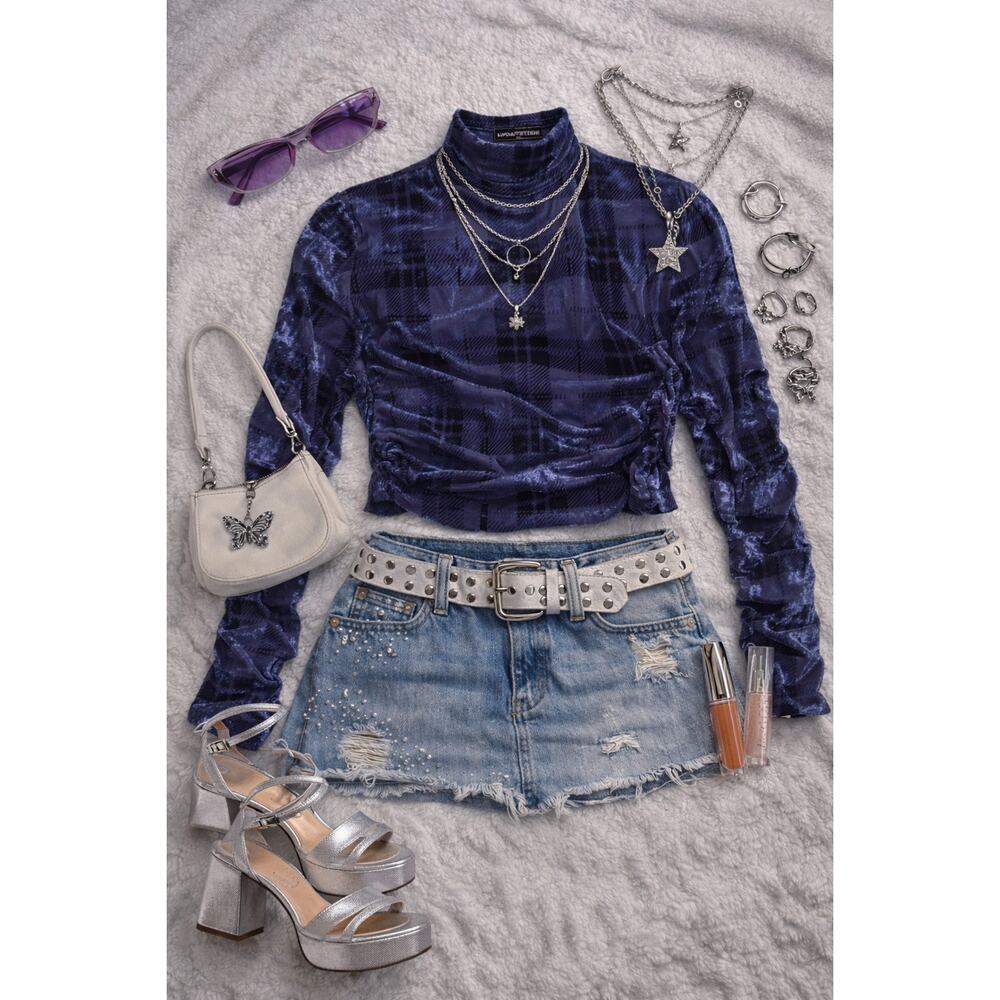 Urban Outfitters Y2K Blue Velvet Plaid Ruched Top Size M - Used Good Condition